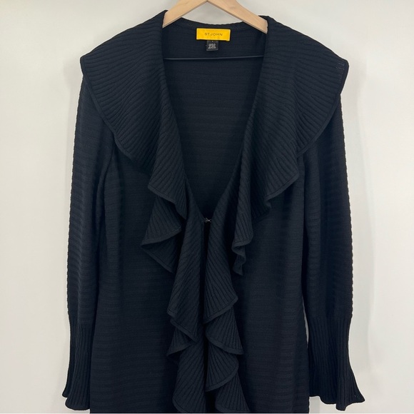 St. John Kelly Coat Duster Cardigan Sweater Black Ribbed Ruffle Size L - Picture 2 of 9